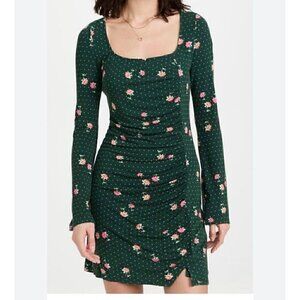 Free People Floral Green Polka Dot Mini Dress With Ruched Front & Keyhole Back,